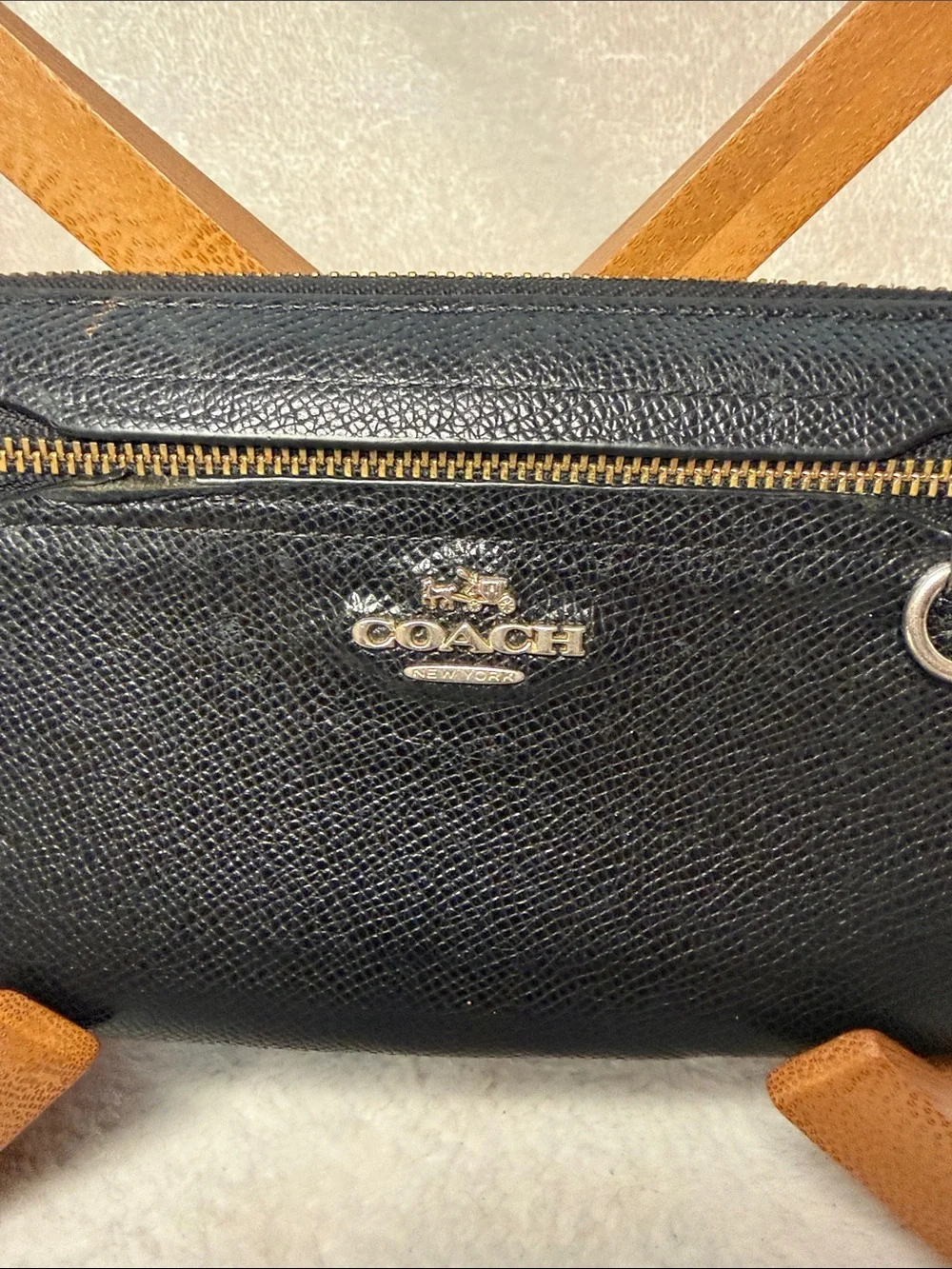 Coach Tan Black Leather Zip Wallet with Logo Plaque